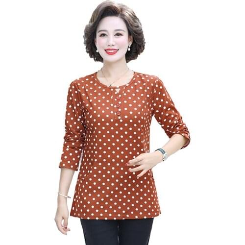 Long Sleeve T-Shirts Middle Age Women Casual Tee Spring Autumn Pullover Mother Tops Plus Size O-Neck 2021 New Dot Tshirt