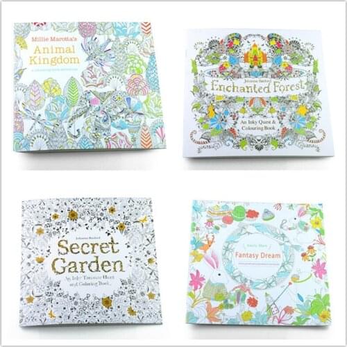 4PCS/LOT English Edition Secret Garden+Fantasy Dream+Enchanted Forest+Animal Kingdom Coloring Book 24 Pages