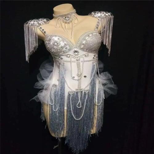 H167 Party Modern Fashion Bodysuit Tight Diamonds Nightclub Gem Performance Bar Model Celebration Tassels Drilling Chain Club