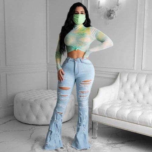 Fashion Holed Raw Womens Jeans Summer Mid-waist Slim Flared Pants Blue Stretch Denim Trousers Boyfriend Jeans for Women