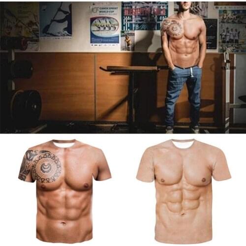 Muscle Tattoo Print T-Shirt Men Short Sleeve 3D Digital T-shirt Printing X9W1