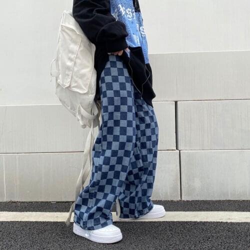 EukaaRu Sreetwear Jeans Hip Hop Casual Pants for Men Womens Retro Straight Checked Pants Hip Hop Oversized Trousers Men Jeans