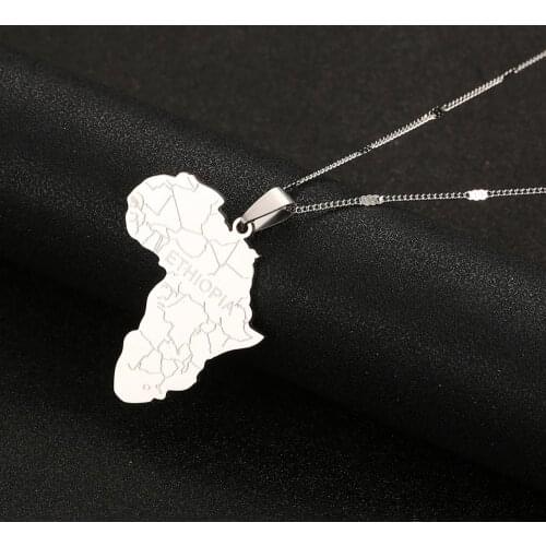 Stainless Steel Africa Map with Ethiopia Pendant Necklaces Silver Color African Maps Charm Jewelery