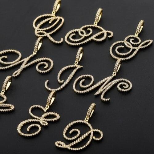 New A-Z Cursive Letters Name Pendant&Necklace Iced Out Cubic Zircon Gold Silver Color Charm Hip Hop Jewelry