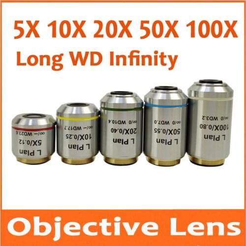 5X 10X 20X 50X 100X Long Working Distance Flat Field Infinite Infinity Plan Objective Lens for Biological Microscope RMS 20.2mm