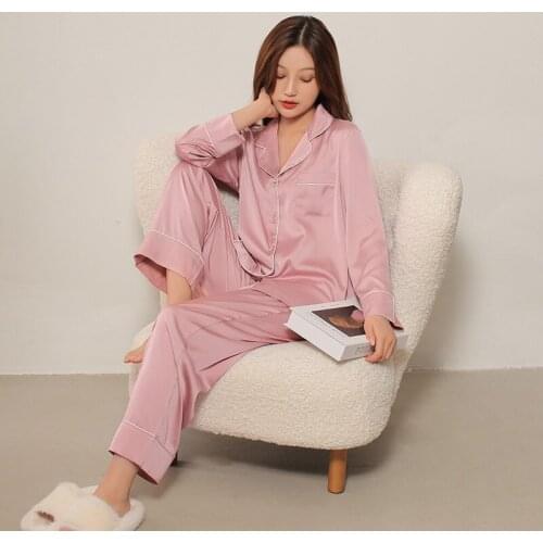 Silk Pyjamas for Women Long Sleeve Diamond Buttons Satin Pyjama Set Female Sleepwear Soft Thin Loungewear