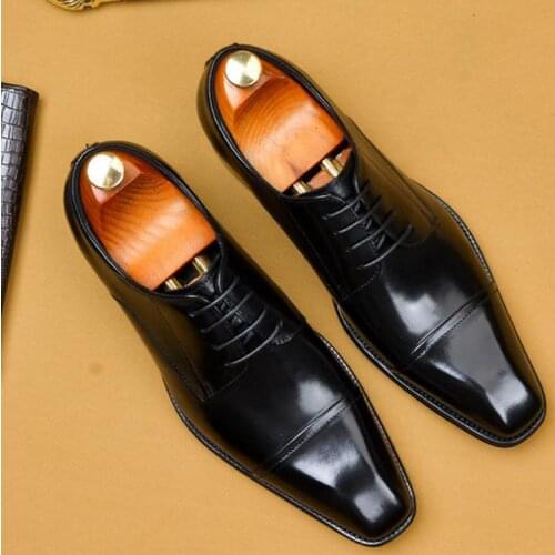 Square Toe Business Dress Men Shoes Trendy Patchwork Genuine Leather Wedding Shoes Europe America Mens Office Work Shoes