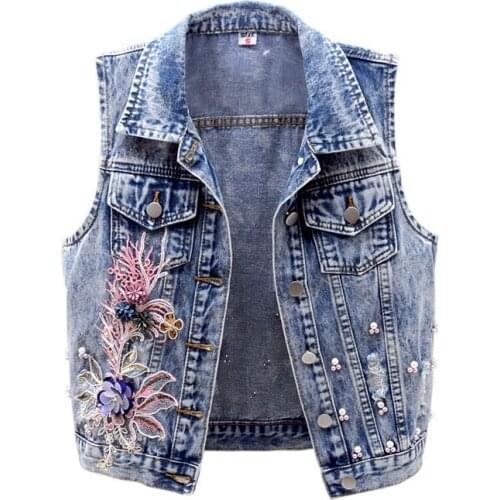 Short Denim Vest Women Spring Autumn New Plus Size Car Flower Patch Beading Sleeveless Jacket Vintage Jeans Waistcoat Tide G653