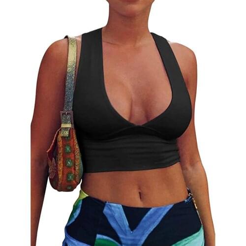 Womens Sexy Deep V Neck Back Cutout Tight Sleeveless Racerback Tank Crop Tops