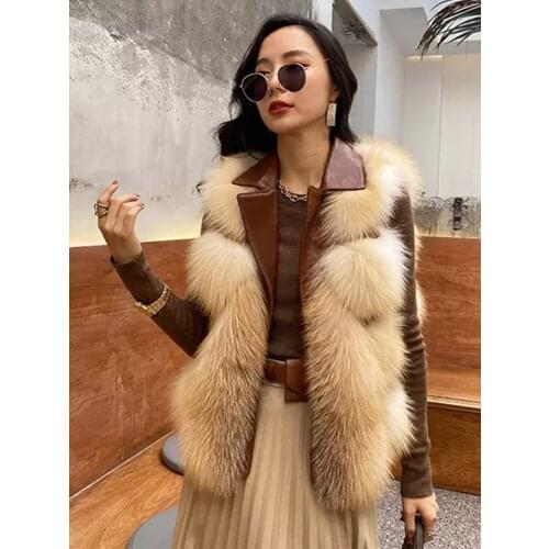 2020 New Ladys Fashion Winter Natural Real Gold Fox Fur Vest Jacket Waistcoat with Genuine Sheepskin Leather