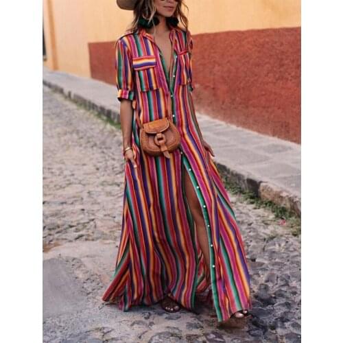Ladies Boho Rainbow Striped Shirt Dress 2021 Loose Haft Sleeve Pocket Long Dresses for Women Floor Length Casual Women Dresses