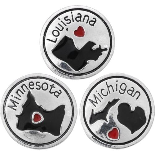 10pcs/lot New 18mm Snap Button Jewelry Love USA Louisiana Michigan Minnesota Map Snap Buttons Fit Metal Snap Bracelets