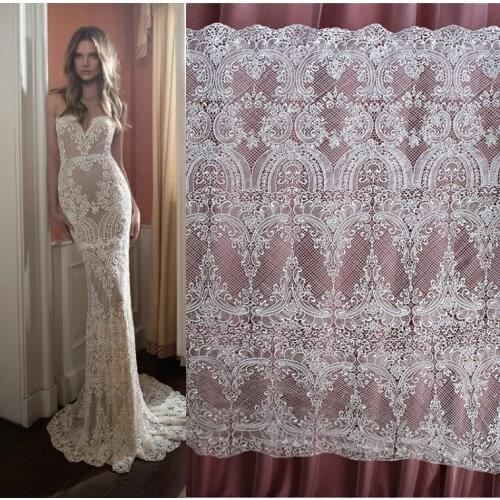 130cm*1yard High quality Water soluble hollow embroidery flowers Lace fabric Wedding dress fish tail Slim white Lace fabric