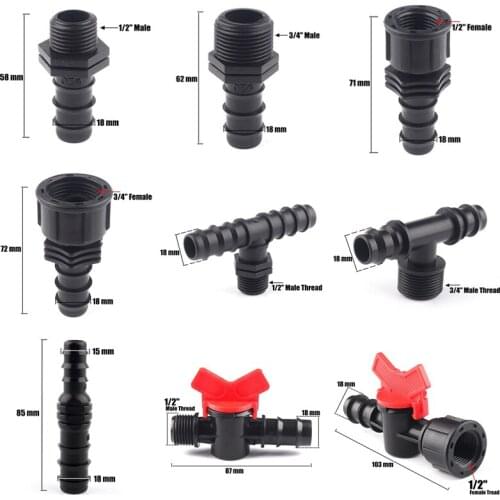 5Pcs/Lot 1/2" 3/4" Male Female Thread Connector To Barb 20mm PE Pipe Adapter Garden Irrigation Accessories Plastic Vavle Tee