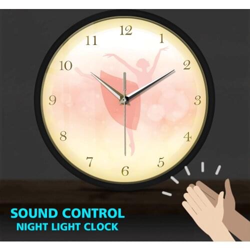Ballet Dancer Girl Bedroom Decor Princess Pink Metal Frame LED Wall Clock Sound Control Dancing Wall Art Ballerina Clock Watch