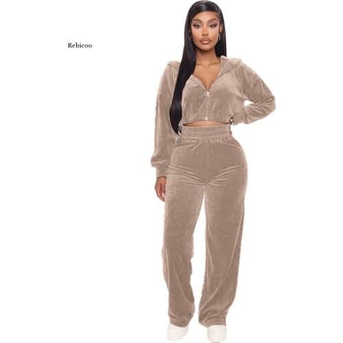 Velvet Tracksuit 2 Two Piece Set Women Zipper Hoodie Sweatshirt Wide Leg Pant Sweat Suits Jogging Femme Chandal Mujer