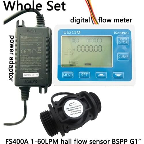 US211M Digital Flow Sensor Meter & FS400A PA66 Nylon and Fibre Glass Hall Flow Sensor Measurement 1-60L/minBSPP G1" Dijiang