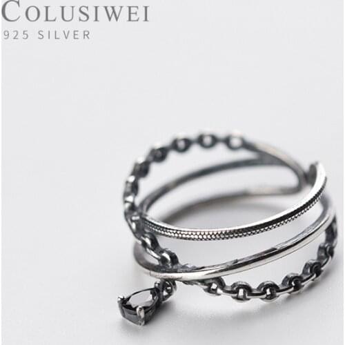 COLUSIWEI Vintage Sterling Silver 925 Black Crystal Geometric Line Three Circle Ring for Women Free Size Ring Fine Jewelry Gift