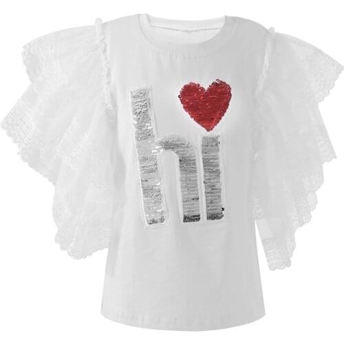 Kids T Shirts For Girls Casual Cotton Tee Tops Sequin Cute Layered Lace Mesh Flared Half Sleeve T-shirt Summer Children Clothing