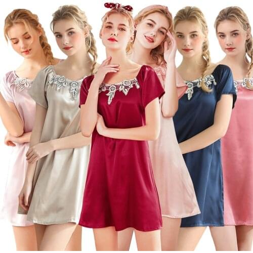 Women Sexy Nightwear Satin Sleepwear Silk Short Sleeve Sleepshirts Nightdress Knee Length Night Wear Pink Dress Night Gown