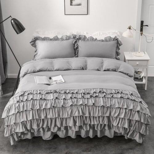 Farmhouse White Gray Duvet Cover Set Full Queen 4pcs Girls Chic Shabby Multi Layers Ruffle Bedding160X200cm Bedskirt 2Pillowcase