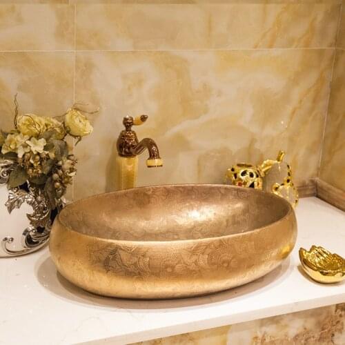 Golden/Silver oval Ceramic Painting Art Lavabo Bathroom Vessel Sinks oval counter top wash basin