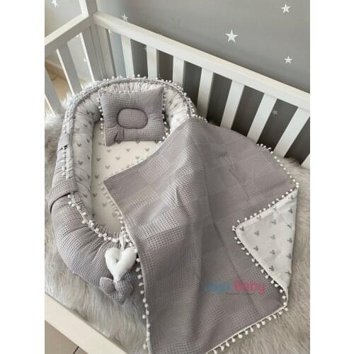 Jaju Baby Handmade, Gray Waffle Pique Fabric Micky Design Babynest Set of 3 with Pompom