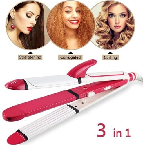 Ceramic Hair Straightener and Curler 3-in-1 Fast Heating Hair Curling Iron Hair Crimper Corrugated Styler Tools Flat Iron Wand