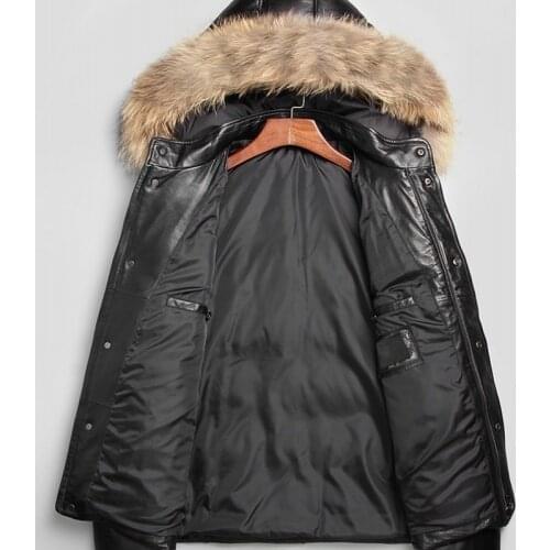 Natural Sheepskin Leather Jacket Men Winter Real Fur Collar Hoody Business Man Casual Outwear Coat Genuine Leather Down Jacket