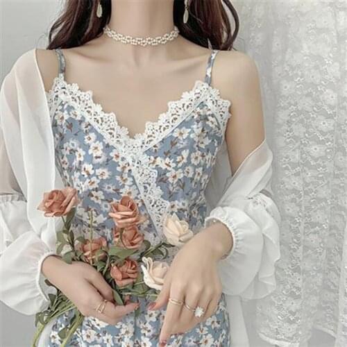 Summer Floral Lace Dress Women Chic Spaghetti Straps Backless Elastic Midi Dress Casual Holiday Lady 2 PCS Boho Vestido