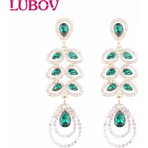 LUBOV Green Leaf Shaped Vintage Earrings Full of Rhinestone Crystal Drop Earrings For Women High Quality Lead Free Nickel Free