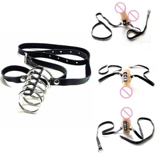Male Sexy Lingerie Adjustable Leather Chastity Belt Lace-up C-Strap Panties with Penis Cage Cock O-ring Erection Enhancing