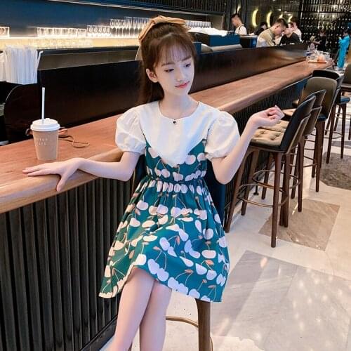 2021 New Summer Kids Dresses for Girls Childrens Clothing Short Sleeve High Waist Back To School Dress 6 8 10 12 14Years Old