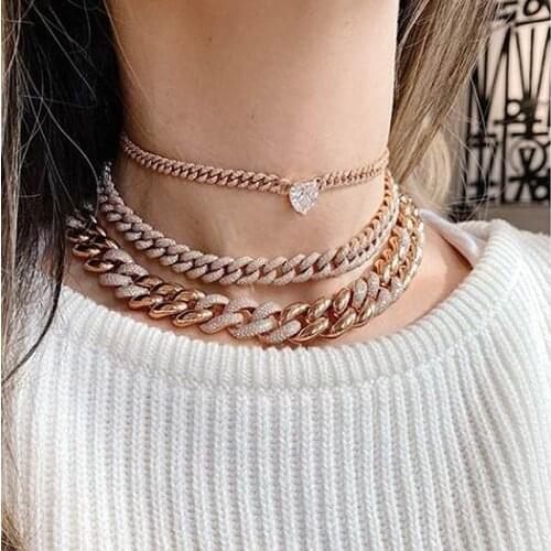 Silver Color Love heart Charm Choker wide 8mm CZ Cuban Link Chain Hearts Pendant Necklace Women Jewelry Wholesale Price