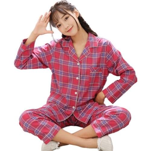 Autumn Winter New Full Cotton Plaid Pattern Pajama Set Korean Fashion Long Sleeve Loose Stripe Pyjama For Women