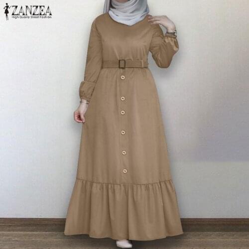 Womens Autumn Sundress ZANZEA Elegant Muslim Shirt Dress Long Sleeve Maxi Vestidos Female Button Ruffle Vestidos