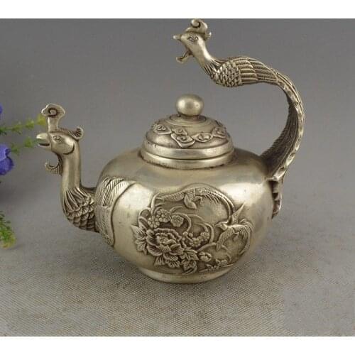 Details about China Collectible Miao Silver Handwork Bird King Phoenix Teapot