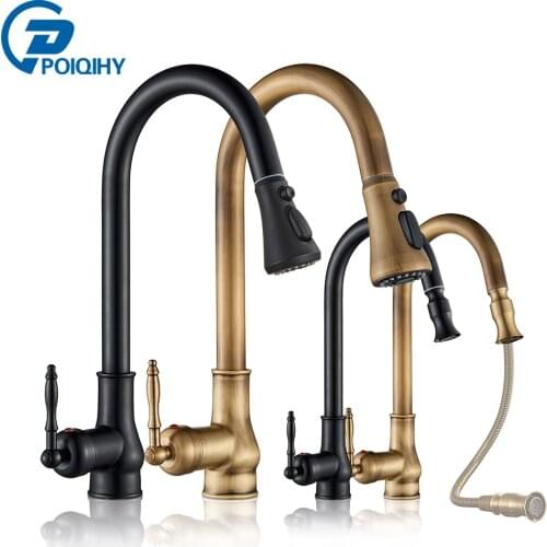 POIQIHY Antique Brass Kitchen Faucet Pull Out Bathroom Kitchen Mixers Single Handle Pull Down Cold Hot Water Tap Deck Mounted