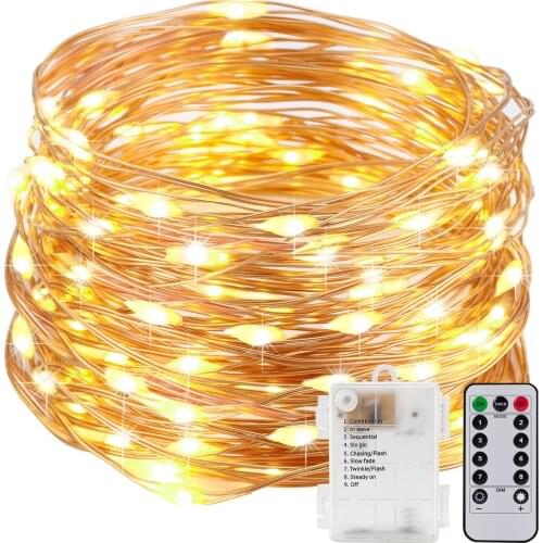 LED Fairy Lights String Copper Wire 8Mode Remote Control Timing Battery Outdoor Lamp For Garden Party Christmas Holiday Deco