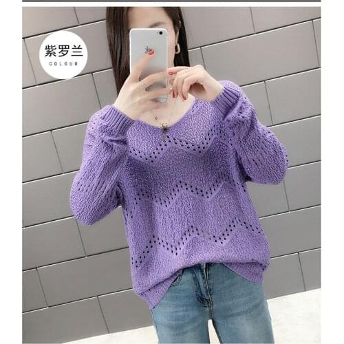 Early spring sweater women V-neck hollow thin section pullover solid color casual loose bat sleeves wild short sweaters D115