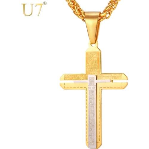 U7 Spanish Bible Verse Two Tone Necklace Male/Female Stainless Gold Color Cross Pendant Christmas Gift Christian Jewelry P670