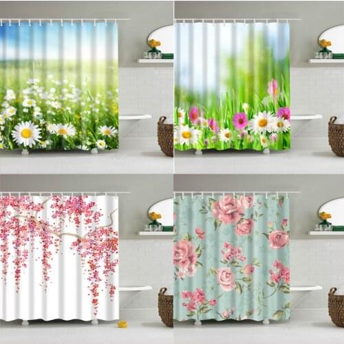 3D Flowers Printing Spring Shower Curtain Set Season Floral Green Bathroom Polyester Waterproof Curtain with hooks
