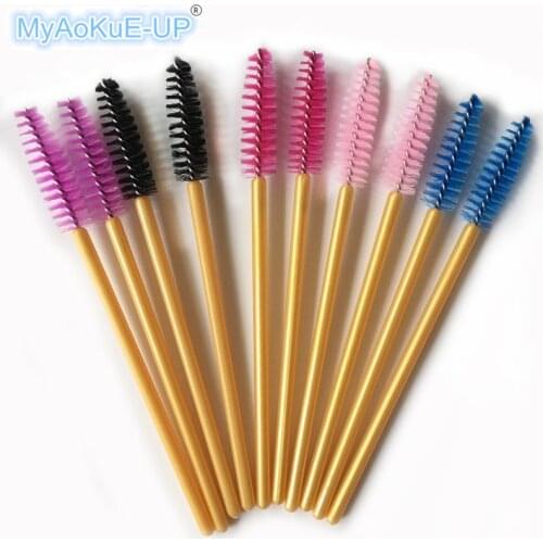 High Quality 200 pcs/lot Makeup Brushes Golden Handle Mix Colors Disposable Eyelash Brushes Nylon Mascara Wands Tools