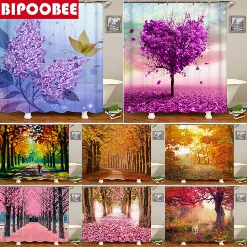 Purple Love Tree Shower Curtains Bathroom Curtain High Quality 3D Pink Leaves Fabric Waterproof Bath Curtain with 12 Hooks