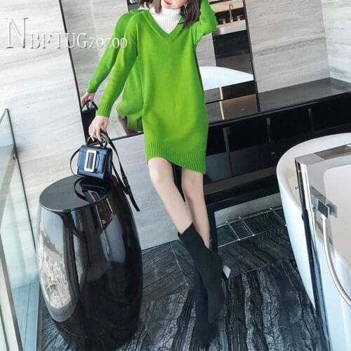 Green And Red Color Knitting Women Dress Patchwork Autumn Female Bottoming Dresses