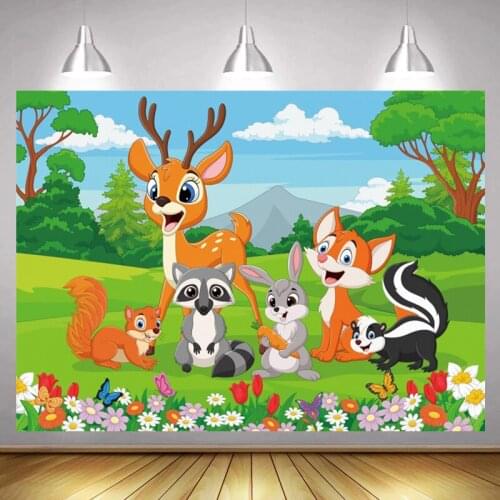 Green Grassland Elk Rabbits Animals Jungle Party Backdrops Newborn Baby Shower Mountain Blue Sky Photo Backgrounds