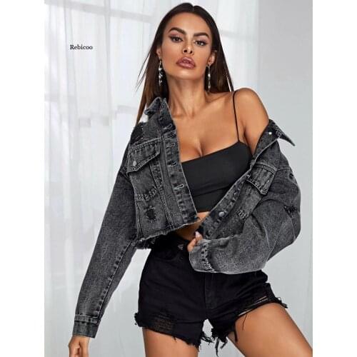 European And American Womens Autumn Winter New Denim Jacket Fashion Raw Edge Ripped Denim Short Jacket Lapel Denim jacket