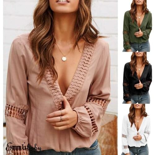 Sexy Tops Women Long Sleeve Loose T-shirt Women Casual T-shirts V-neck Top Hollow-out Lantern Sleeve T-shirt