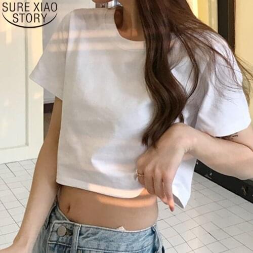 2021 New Summer Short-sleeve T-shirt Korean Womens Loose Plus Size White Tops Female O-neck Cotton Casual Fashion Clothes 14180