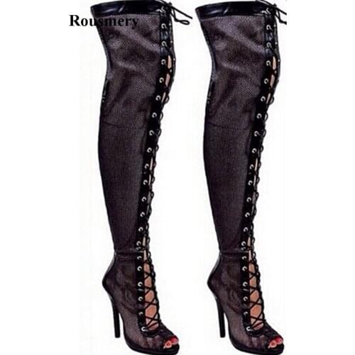 Women Sexy New Fashion Open Toe Lace-up Black Mesh Gladiator Boots Cut-out Long High Heel Boots Bandage Sexy Boots